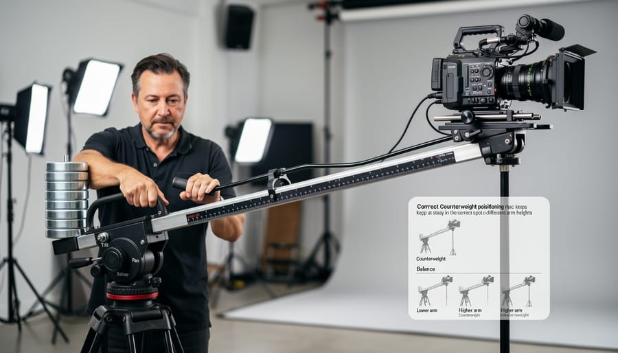 Operator adjusting counterweights on a tripod jib in a studio environment for improved balance