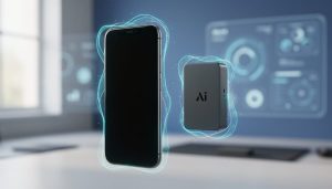 Close-up of a boxed smartphone product in a clean studio-like setting with subtle AI-inspired light effects and blurred tech background.