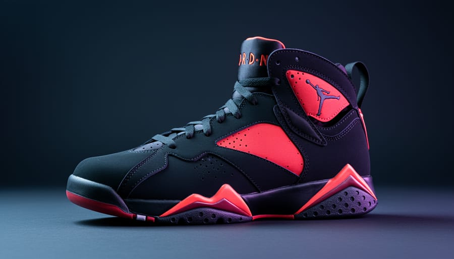 Close-up low-angle view of the Air Jordan 7 ‘Infrared’ sneaker in an infrared-inspired look with glowing highlights and deep black textures.