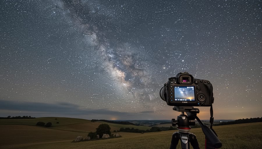 Photographer adjusting a telescope and compact camera on a tripod during night sky imaging.