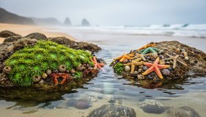 Biodiversity in a tide pool with anemones, crabs, and starfish on wet rocks under natural light.