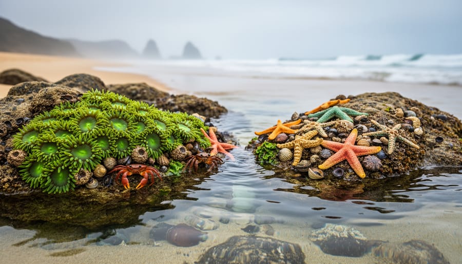 Biodiversity in a tide pool with anemones, crabs, and starfish on wet rocks under natural light.