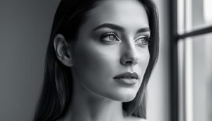 Monochrome close-up portrait of a person’s face lit by dramatic window light, showing strong light-and-shadow contrast and detailed skin texture.