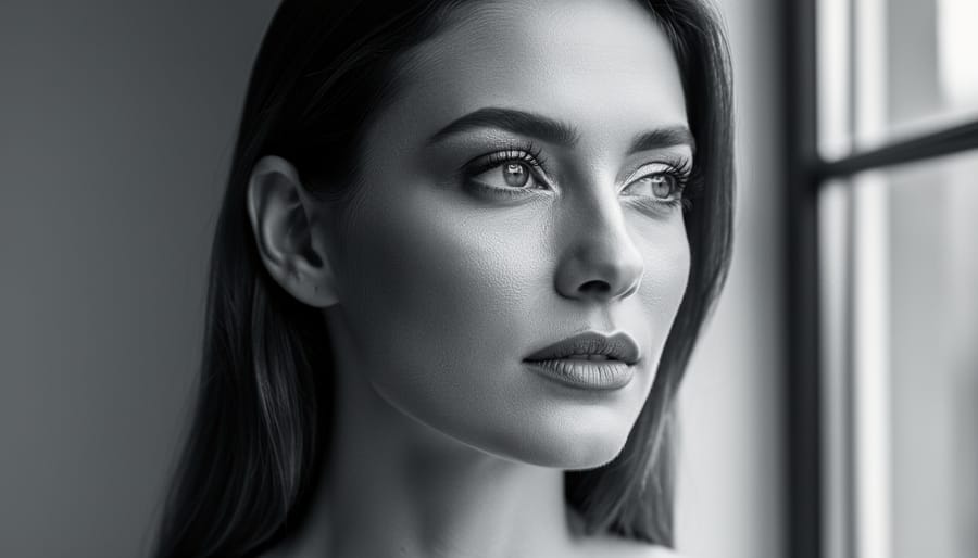 Monochrome close-up portrait of a person’s face lit by dramatic window light, showing strong light-and-shadow contrast and detailed skin texture.