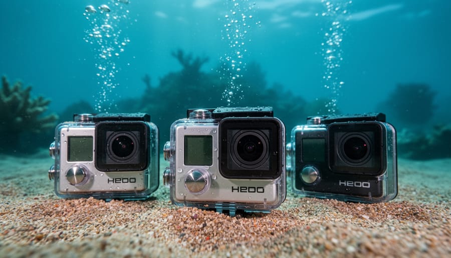 Three waterproof underwater cameras resting on sandy coral reef with blue-green water and blurred bubbles in the background