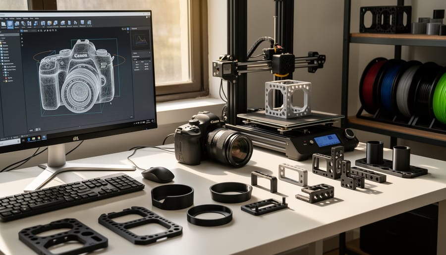 Camera workbench with laptop, CAD workflow context, and 3D-printed lens hood and grip