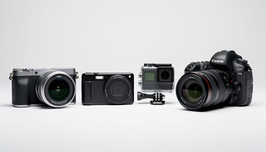 A selection of DSLR, mirrorless, compact camera, and smartphone gear laid out on a wooden table