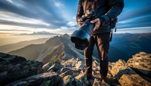 Photographer holding a Canon mirrorless camera with a wide angle lens in front of a sweeping mountain landscape under golden hour light.
