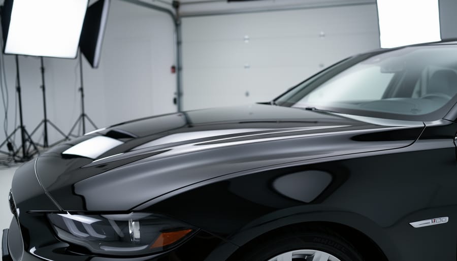 Close-up of a black car hood and front fender with a mirror-like ceramic-coated finish under soft studio lighting, showing crisp reflections and deep color.