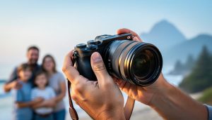 Hands holding a modern mirrorless camera with a lens, photographed in soft natural light with a blurred travel and family moment in the background.