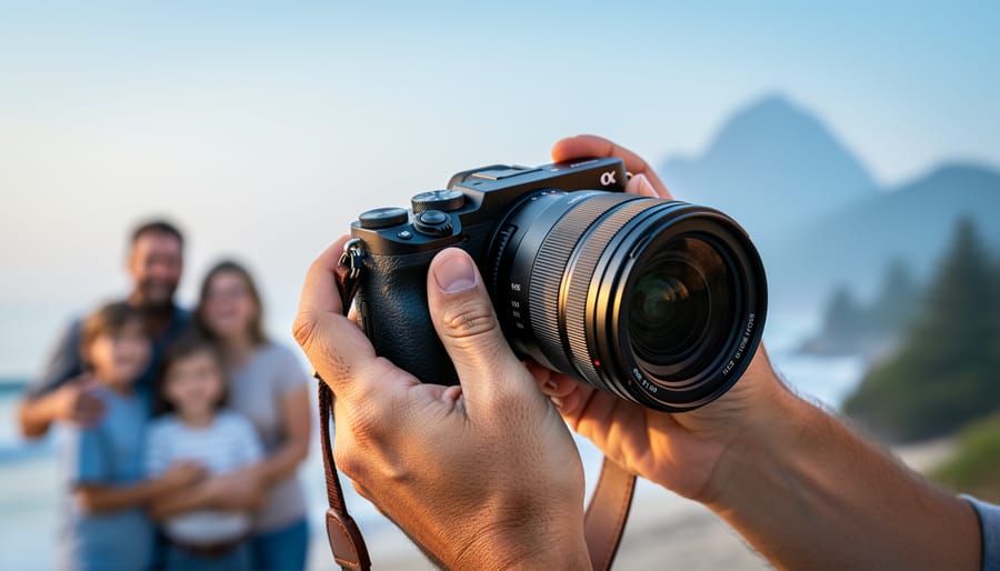 Hands holding a modern mirrorless camera with a lens, photographed in soft natural light with a blurred travel and family moment in the background.