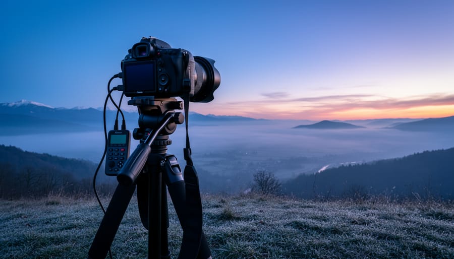 A camera on a stable tripod set up for a timelapse overlooking a city at dawn.