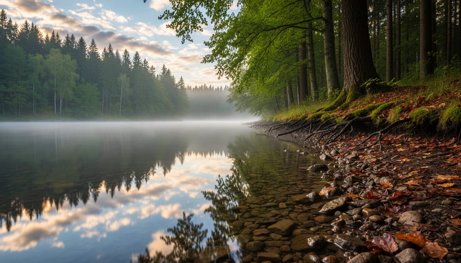 Coastal forest edge with tidal water covering the border and reflections in soft daylight
