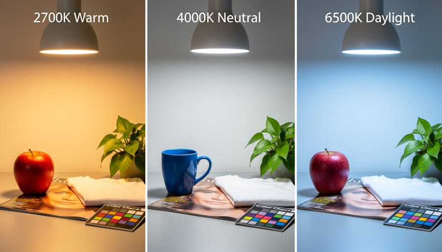 Tabletop still life illuminated by different light sources to show color rendering differences