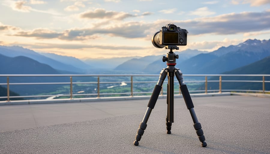 Compact travel tripod with a mounted camera set up on a rocky viewpoint at golden hour