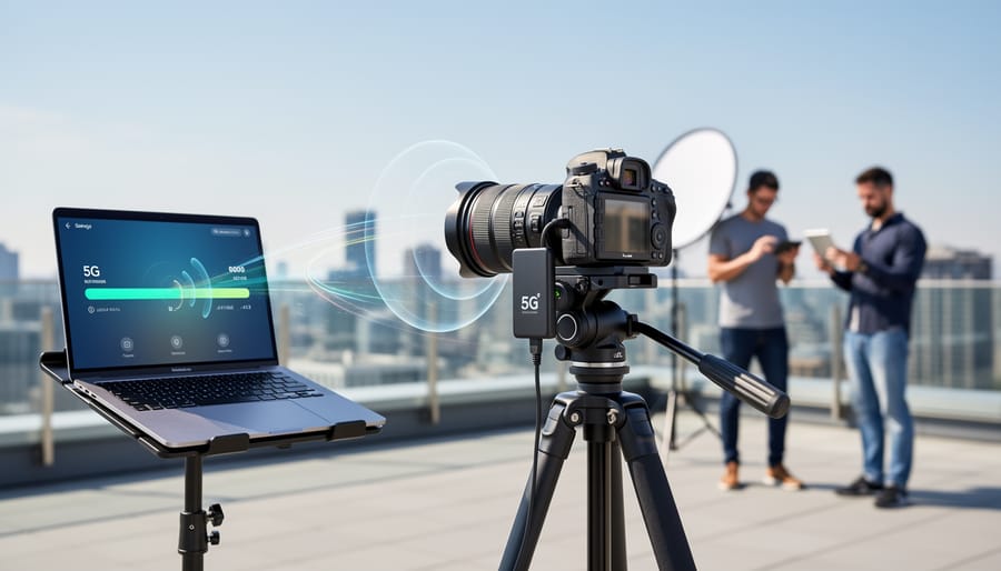 Mirrorless camera on a tripod next to a smartphone with an unreadable screen glow representing fast wireless imaging transfer.