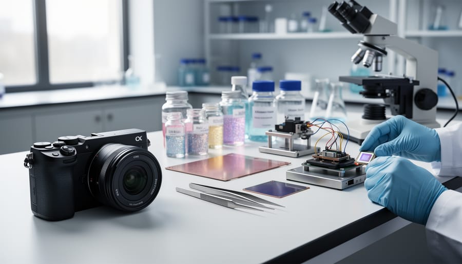 Smartphone and mirrorless camera side-by-side on a laboratory bench under soft daylight.