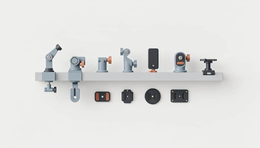 Rack of custom 3D-printed camera mounts and adapters in a workshop