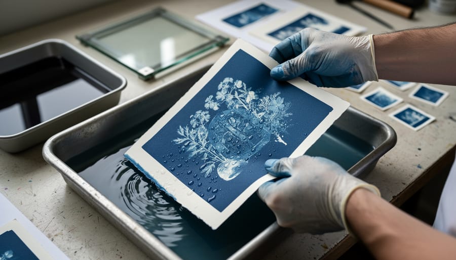 Hands holding a freshly developed cyanotype print over a worktable with contact sheets and trays of chemistry.