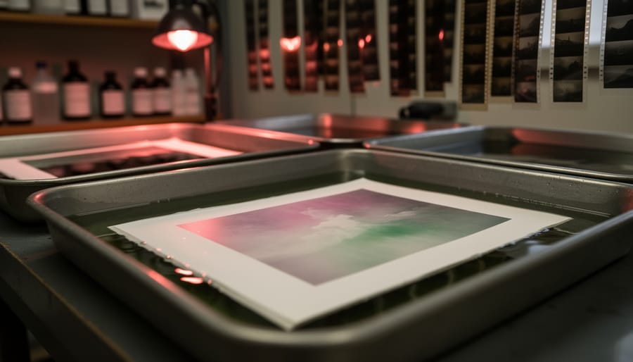 Color film strip on a darkroom bench under a red safelight with a timer nearby.