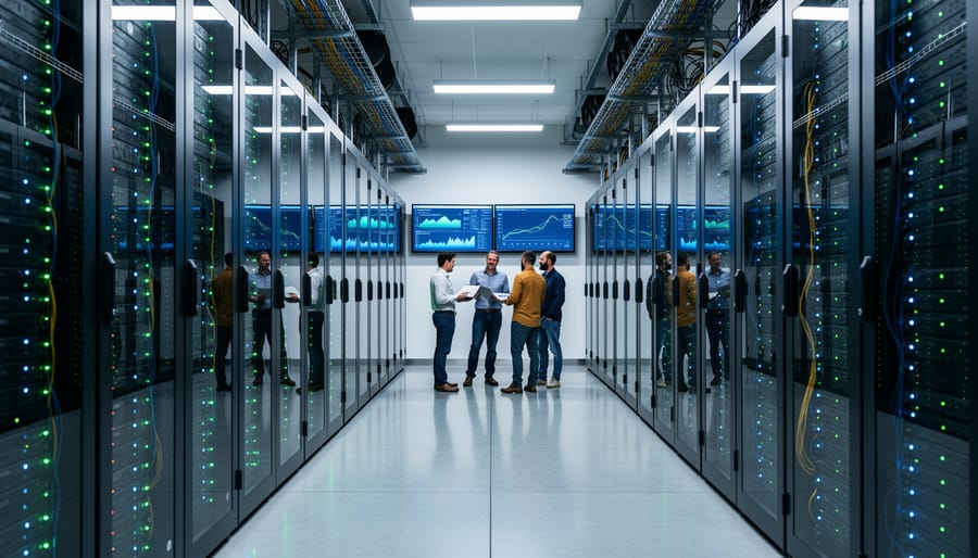 Wide view down a modern data center corridor with server racks and cool LED lighting