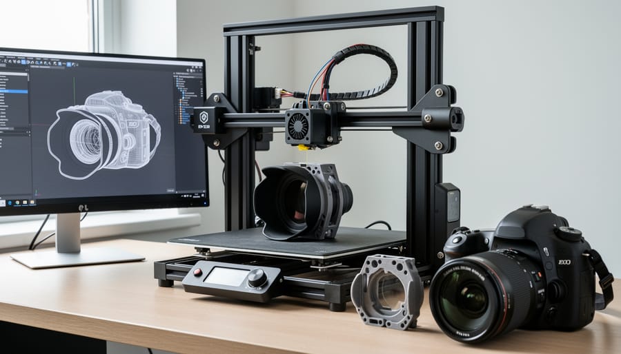 Desktop 3D printer producing a gray camera accessory in a workshop