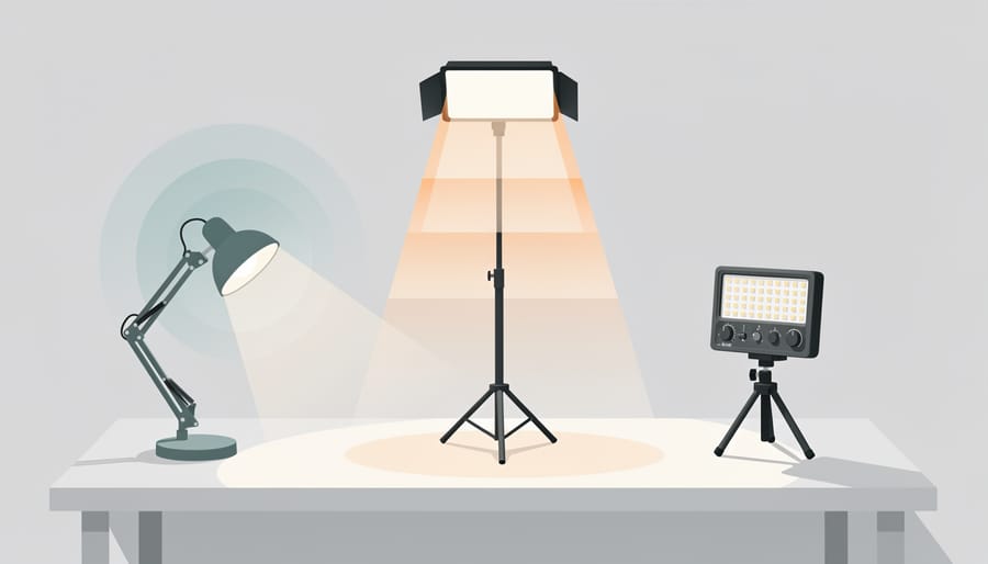 LED bulb and smart lighting components arranged on a workbench to illustrate adjustability and control