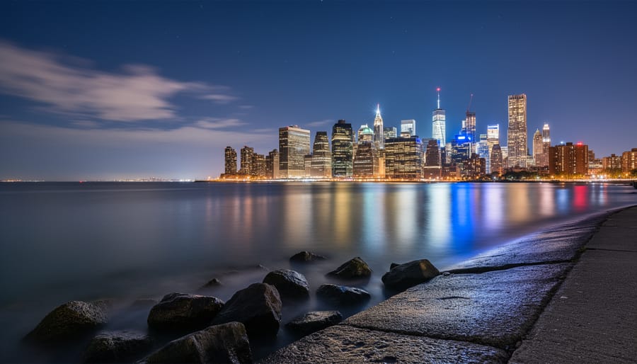 Long-exposure style city skyline reflected on wet rocks at dusk.