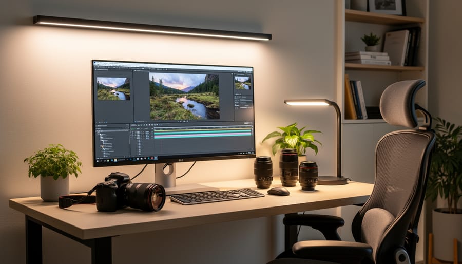 Bright home office workspace lit by LED fixtures and an adjustable desk lamp