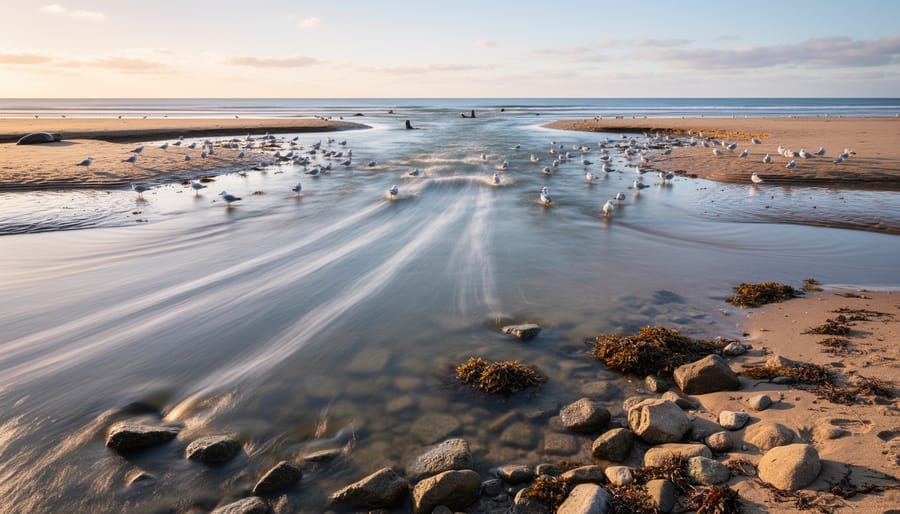 Estuary mouth with swirling current lines and wading shorebirds near the moving water
