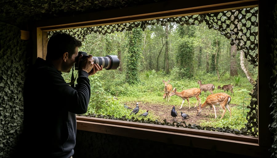 Photographer kneeling in a wetland reeds hide photographing a heron at golden hour