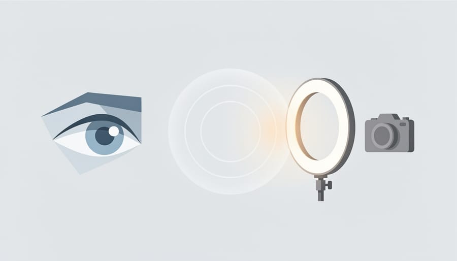 Macro-style conceptual scene featuring a bright continuous light softened by a diffuser near an eye-safe face shield.