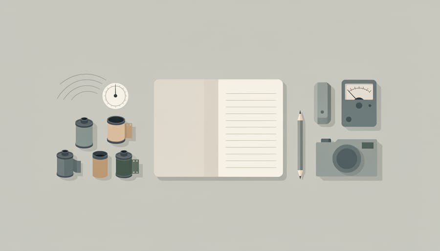Camera bag with film canisters and a notebook laid out beside exposed film in soft daylight.