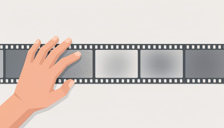 Conceptual black and white image of a hand holding a film strip near a camera lens with a softly blurred face in the background.