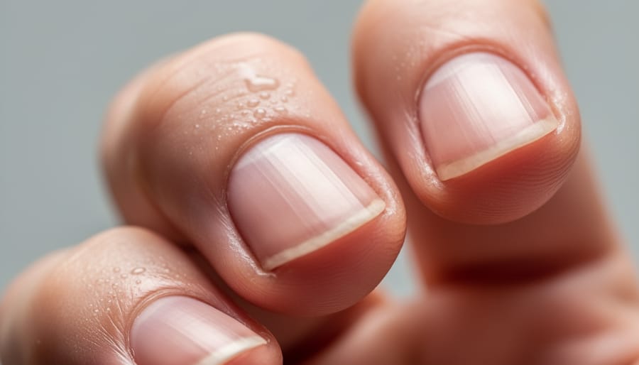 Extreme close-up of a fingertip showing detailed nail texture with a small bead of moisture.