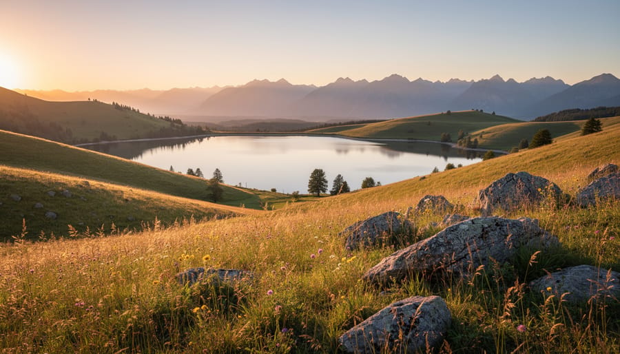Golden hour landscape with rolling hills and a winding path