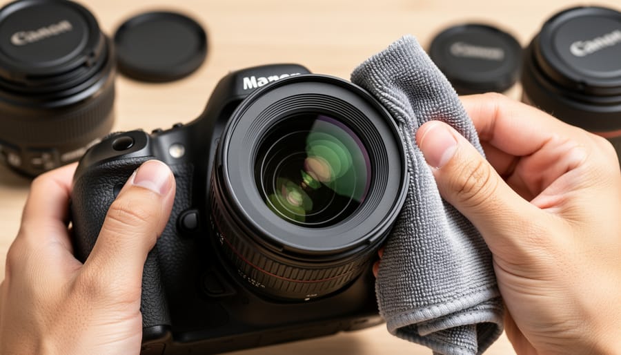 Hands cleaning an iPhone camera lens with a microfiber cloth