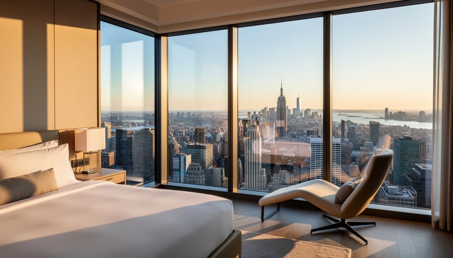 Camera set near a hotel window overlooking a city skyline at dusk with softly lit interior curtains.