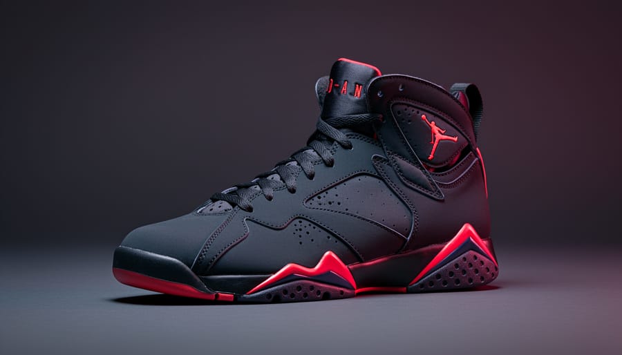Air Jordan 7 'Infrared' sneaker photographed in an infrared-inspired high-contrast style on a dark studio surface.