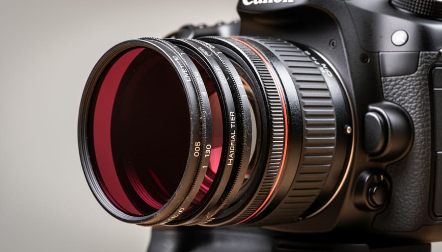 Infrared camera filters held above a camera lens mount in a macro studio close-up.