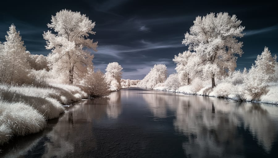 Infrared-style landscape showing a bright white conifer forest and a winding river under a deep dark indigo sky.