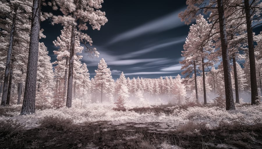 “Wide view of a pine forest rendered in infrared photography with glowing white trees and a dark sky with faint luminous clouds.”