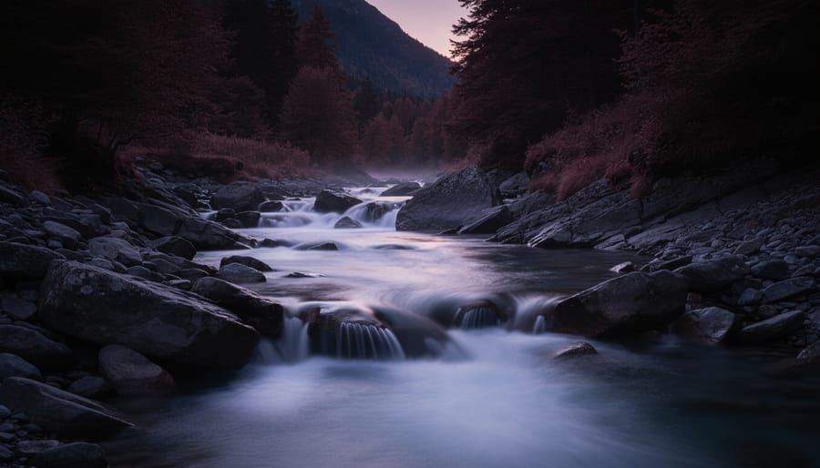 Infrared-style long-exposure waterfall with smooth silvery water and deep dark surrounding forest.