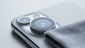 Close-up of an iPhone camera lens being gently wiped with a microfiber cloth to remove fingerprints and smudges.