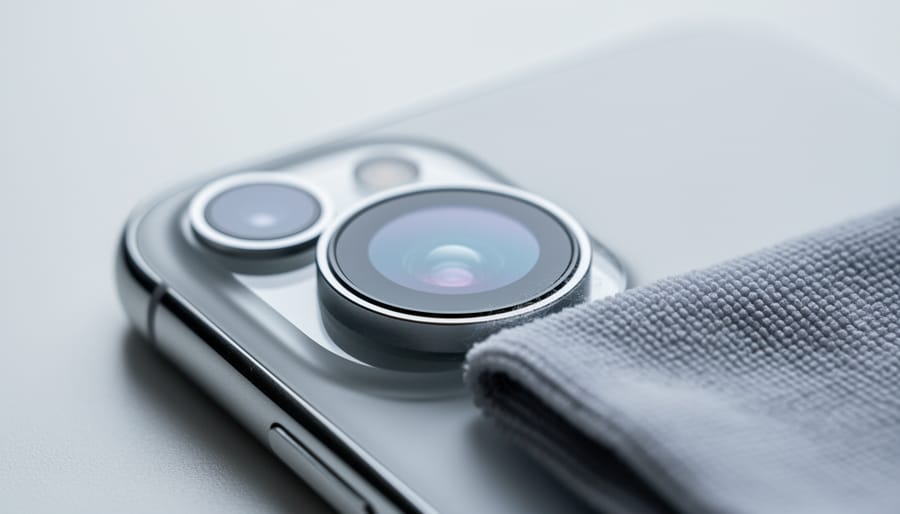 Close-up of an iPhone camera lens being gently wiped with a microfiber cloth to remove fingerprints and smudges.