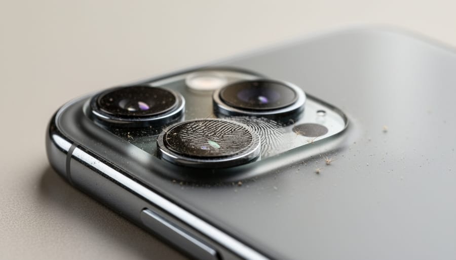 Macro close-up of an iPhone camera lens glass with visible fingerprints and smudges
