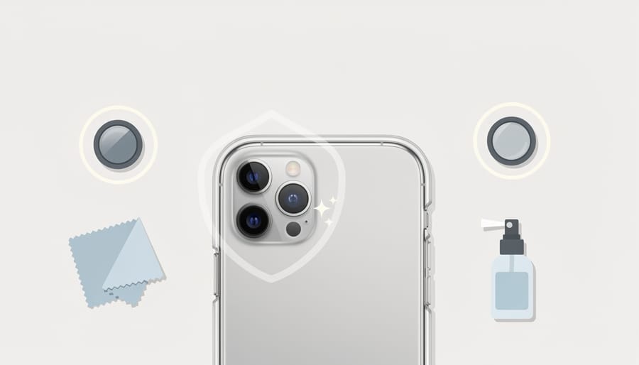 iPhone and lens-protection accessories placed neatly on a clean surface