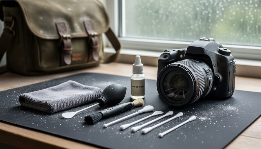 Lens cleaning kit including rocket blower, microfiber cloth, and lens pen laid out on a wooden surface
