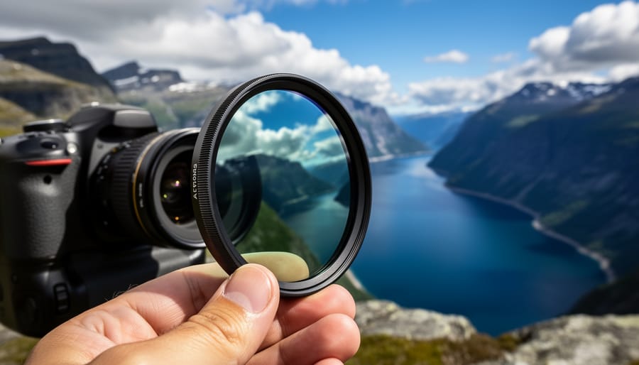Close-up of camera lens filters including a circular polarizer and ND filter laid out on a microfiber cloth