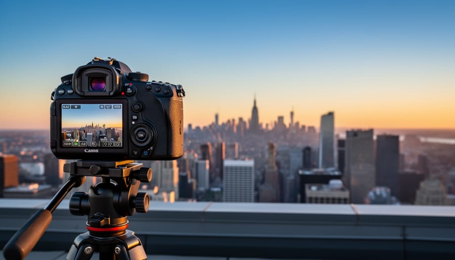 Hands adjusting and locking camera lens settings on a tripod for a timelapse.
